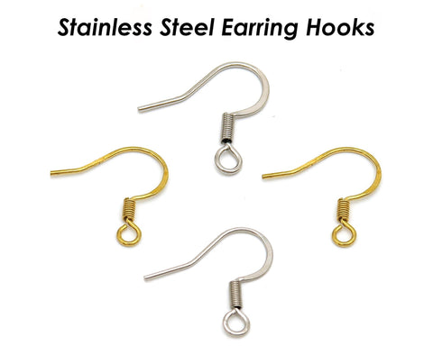 100 x Stainless Steel Earring Hooks Gold & Silver Tone, Hypoallergenic Surgical Steel Ear Hook Hoops, Tarnish Free Ear Wires Bulk Wholesale