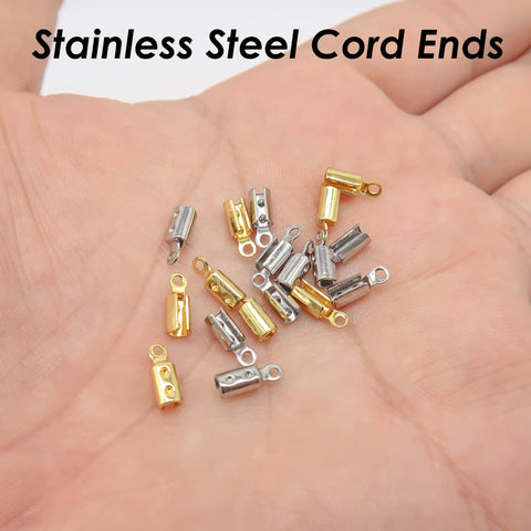 50 x Stainless Steel Crimp End Caps, Fold over End Caps, Pinch End Caps, Rope Cord End Clasps, Cord Crimp Cover for Jewelry Making