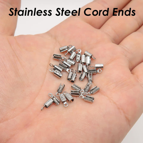 50 x Stainless Steel Crimp End Caps, Fold over End Caps, Pinch End Caps, Rope Cord End Clasps, Cord Crimp Cover for Jewelry Making