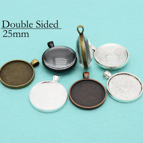 Double Sided Pendant Tray 25mm, Two Sided Pendant Bezel Pendant Blanks, 2 Sides Cabochon Setting for Jewelry Making