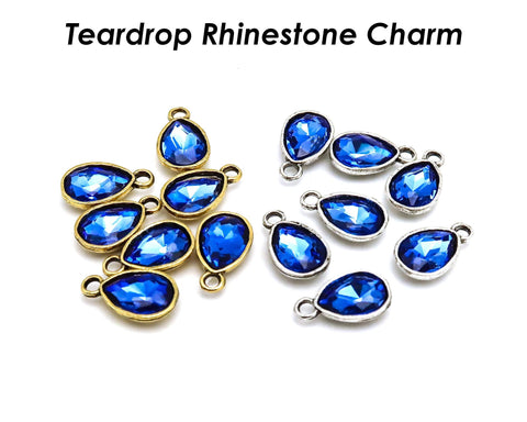 Teardrop Rhinestone Charms Silver Gold Rose Gold, Blue Stone Beads Jewelry Supplies for Earrings, Necklace Bracelet Making