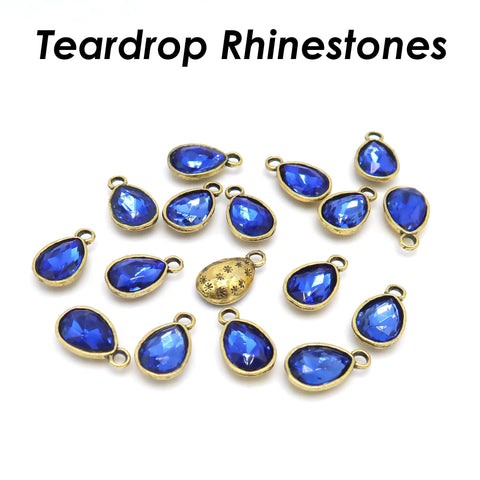 Teardrop Rhinestone Charms Silver Gold Rose Gold, Blue Stone Beads Jewelry Supplies for Earrings, Necklace Bracelet Making