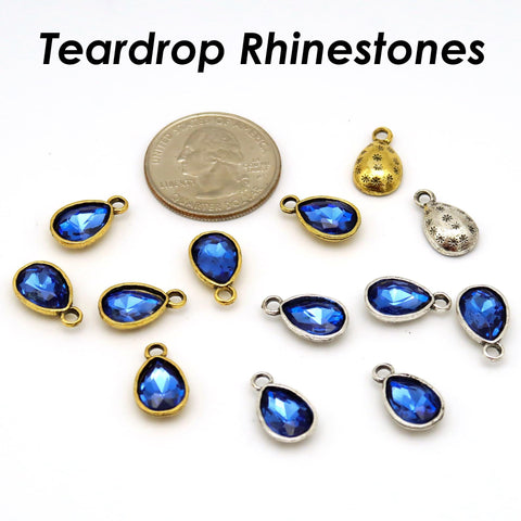 Teardrop Rhinestone Charms Silver Gold Rose Gold, Blue Stone Beads Jewelry Supplies for Earrings, Necklace Bracelet Making