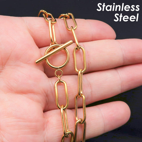 Paper Clip Necklace for Men Women, Stainless Steel PaperClip Necklace Gold & Silver, Paperclip Chain Toggle Clasp Necklace