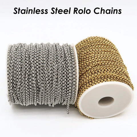 Stainless Steel Rolo Chain Gold Silver, Circle Link Chain by Yard Meter Length Spool, Stainless Steel Chain Bulk for Jewelry Making