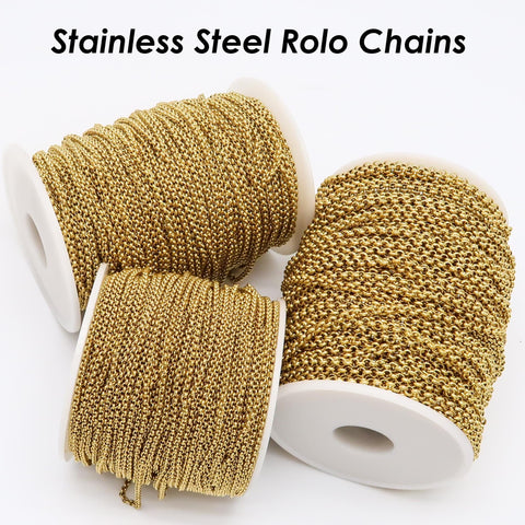 Stainless Steel Rolo Chain Gold Silver, Circle Link Chain by Yard Meter Length Spool, Stainless Steel Chain Bulk for Jewelry Making