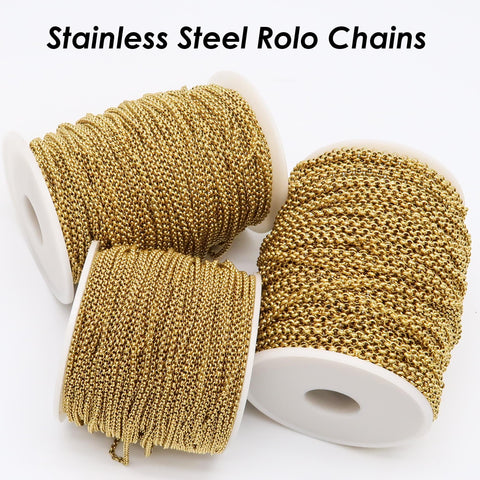 Rolo Chain Stainless Steel Chain Gold Silver, Circle Link Chain by Yard Meter Length Spool, Bulk Chain for Jewelry Making