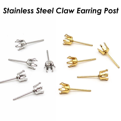 50 x Claw Earring Setting Stainless Steel, Claw Earring Post, Prong Post Earring Stud, Snap Tite Earring Settings Blanks for Rhinestone