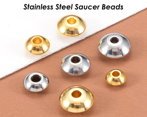 20 x Saucer Beads Gold Silver, Wholesale Stainless Steel Spacer Beads for Jewelry Making, Spaceship Beads, Bracelet Spacers, Roundel Beads