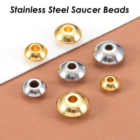 20 x Saucer Beads Gold Silver, Wholesale Stainless Steel Spacer Beads for Jewelry Making, Spaceship Beads, Bracelet Spacers, Roundel Beads