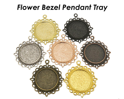 Round Pendant Trays 20mm 25mm, Flower Pendant Bezel Blank, Cabochon Base, Silver Bronze Copper Gold Pendant Setting for Jewelry Making