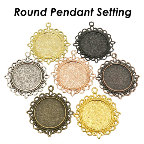 Round Pendant Trays 20mm 25mm, Flower Pendant Bezel Blank, Cabochon Base, Silver Bronze Copper Gold Pendant Setting for Jewelry Making