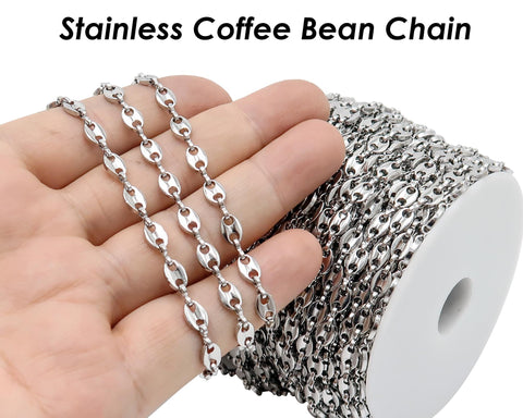 Coffee Bean Chain for Men or Women Necklace or Bracelet, Stainless Steel Chain Gold Silver Tarnish Free Bulk Chain for Jewelry Making