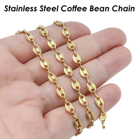 Coffee Bean Chain Gold Silver, Stainless Steel Chain for Men or Women, Tarnish Free Bulk Chain for Necklace or Bracelet Jewelry Making