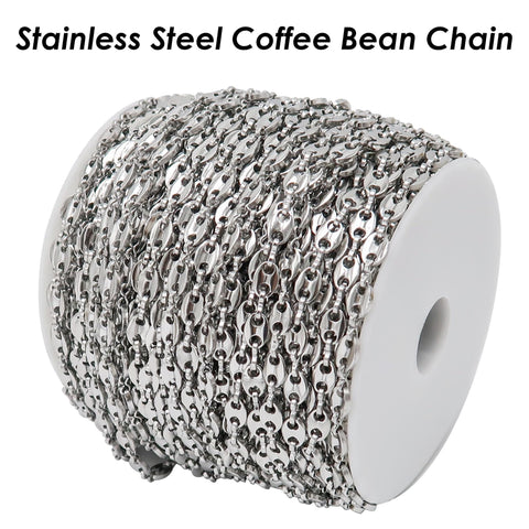 Coffee Bean Chain Gold Silver, Stainless Steel Chain for Men or Women, Tarnish Free Bulk Chain for Necklace or Bracelet Jewelry Making