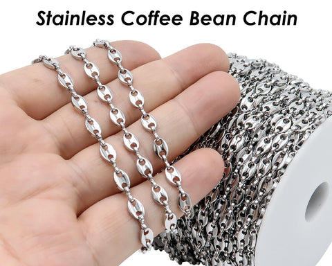 Coffee Bean Chain Gold Silver, Stainless Steel Chain for Men or Women, Tarnish Free Bulk Chain for Necklace or Bracelet Jewelry Making