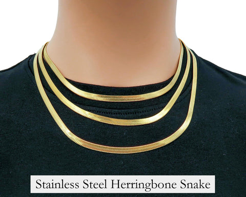 Stainless Steel Herringbone Choker Necklace Gold Silver 16 18 20 Inches Flat Snake Chain 3mm & 4mm Herringbone Necklace for Women