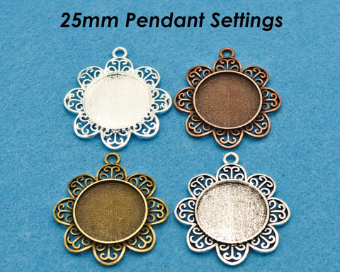 25mm Pendant Blanks, 25mm Round Bezel Pendant Base Cabochon Setting, 25mm Round Pendant Tray, Fancy Pendant Setting for Jewelry Making