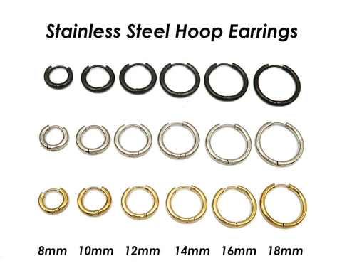 Stainless Steel Huggie Hoop Earrings for Women Men, Surgical Steel Sleeper Earring Hoops Gold Silver Black Hypoallergenic Hooks