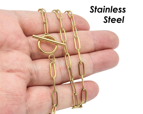 Stainless Steel PaperClip Necklace Gold Silver, Rectangle Link Paper Clip Necklace for Women Men, Paper Clip Chain Toggle Clasp Necklace