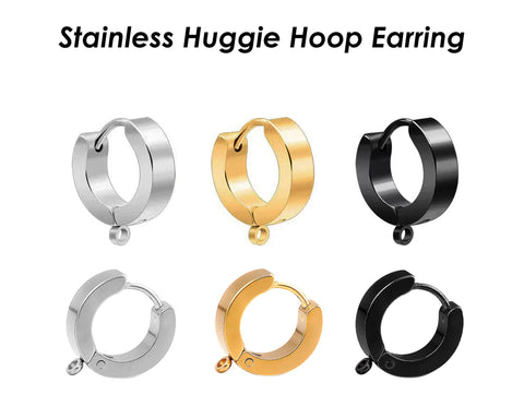 Huggie Hoop Earrings Stainless Steel, Muscly Black Silver Gold Huggie Earring Hoops with Loop, Huggie Hoop Earring Findings