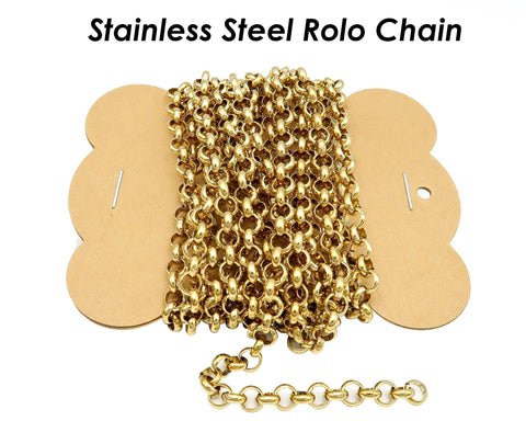 10 Feet Stainless Steel Rolo Chain Bulk Wholesale Silver Gold Rolo Link Chain, Bulk Stainless Steel Chain for Jewelry Making