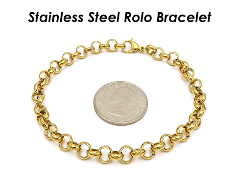 Rolo Bracelet Gold Silver, Stainless Steel Bracelets, Charm Bracelet for Adding Charms, 6mm Rolo Link Bracelet for Women Men