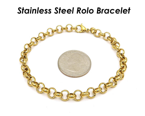 Stainless Steel Bracelet Gold Silver, Stackable Bracelets, Charm Bracelet for Adding Charms, Tarnish Free Rolo Link Bracelet for Women Men