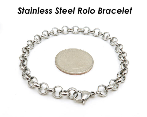 Rolo Bracelet Gold Silver, Stainless Steel Bracelets, Charm Bracelet for Adding Charms, 6mm Rolo Link Bracelet for Women Men