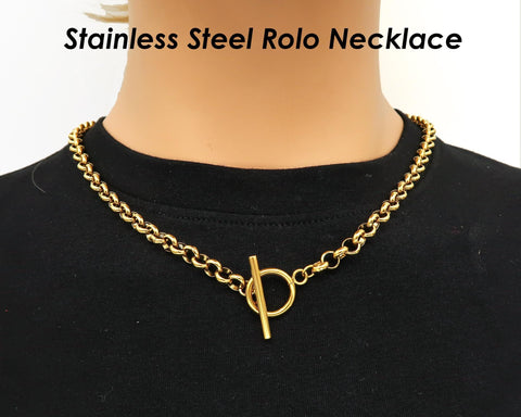 6mm Rolo Necklace Gold Silver Stainless Steel Necklace for Women Men, Rolo Link Chain Toggle Clasp Necklace