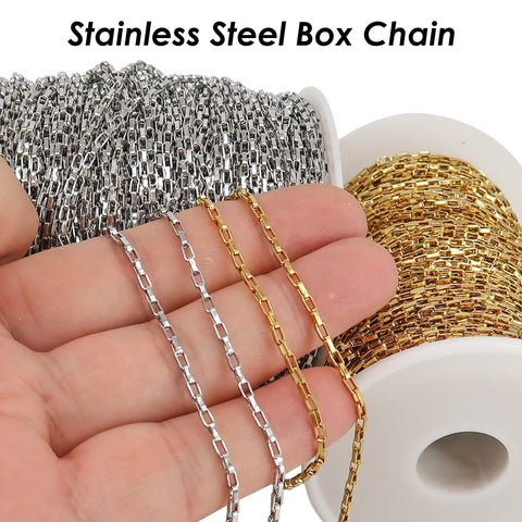 Stainless Steel Chain Bulk Chain by Foot Inch, Rectangle Box Chain Gold Silver, Tarnish Free Rectangle Link Chain for Jewelry Making