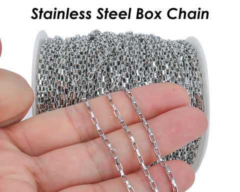 Stainless Steel Chain Bulk Chain by Foot Inch, Rectangle Box Chain Gold Silver, Tarnish Free Rectangle Link Chain for Jewelry Making