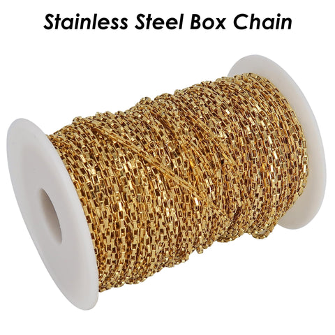 Stainless Steel Chain Bulk Chain by Foot Inch, Rectangle Box Chain Gold Silver, Tarnish Free Rectangle Link Chain for Jewelry Making