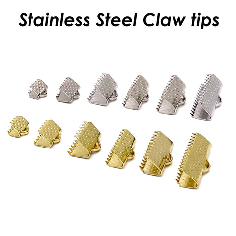 50 x Stainless Steel Claw Tips Gold Silver, Ribbon Claw Clasps, Cord Tip End Caps for Ribbons or Jewelry Making