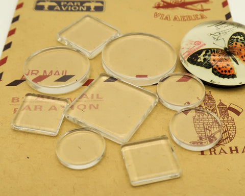 Clear Glass Tile Pendant, 2 Sides Flat Glass Cabochon 10 12 14 16 18 20 25 30mm Square Circle Round Glass for Jewelry Making