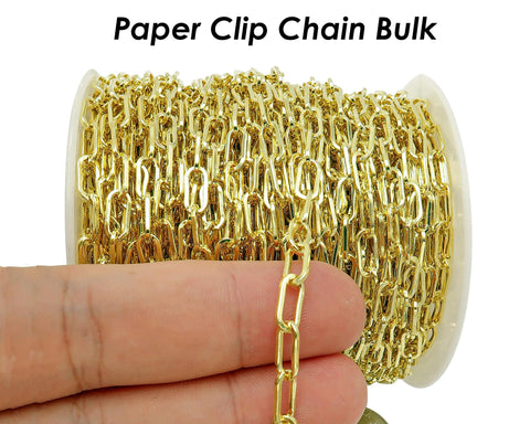 10 Feet - Paper Clip Chain Bulk by Foot, Rectangle Link Chain - Gold, 14K Gold, Bronze, Copper Paperclip Chain for Jewelry Making