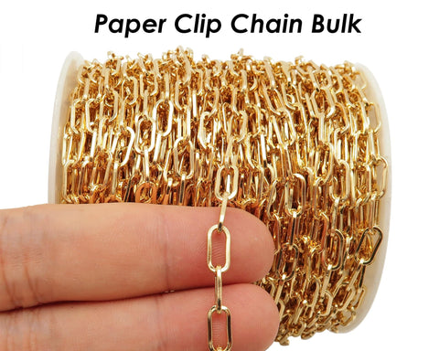 10 Feet - Paper Clip Chain Bulk by Foot, Rectangle Link Chain - Gold, 14K Gold, Bronze, Copper Paperclip Chain for Jewelry Making