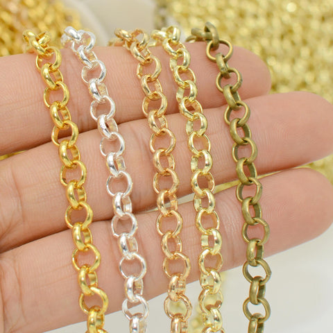 10 Feet x 6mm Rolo Chain Gold Silver Bronze Copper Rolo Link Chain for Jewelry Making,  Chunky Chain by the Yard Length Spool