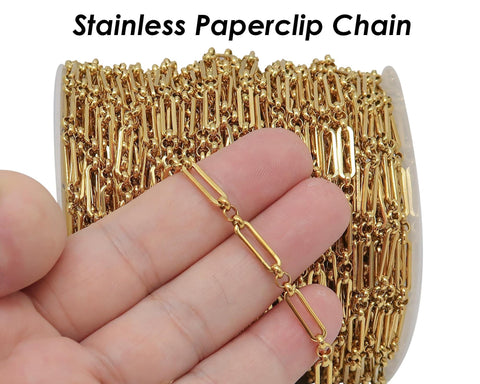 10 Feet x Paper Clip Chain Gold Silver, Stainless Steel Chain Bulk PaperClip Chain, Rectangle Link Chain for Jewelry Making