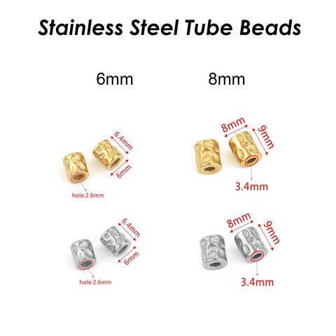 Stainless Steel Spacer Beads Gold Silver, Hammered Textured Beads, Barrel Beads, Large Hole Tube Beads for Bracelets and Necklace Making