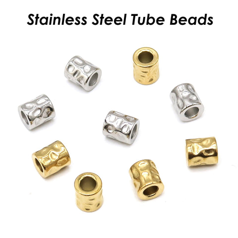 Stainless Steel Spacer Beads Gold Silver, Hammered Textured Beads, Barrel Beads, Large Hole Tube Beads for Bracelets and Necklace Making