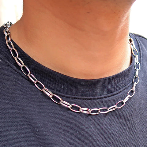 Stainless Steel Necklace Men Women, Big Oval Link Chain Necklace Silver Tone, Thick Drawn Cable Chain Choker Jewelry, Toggle Clasp Necklace