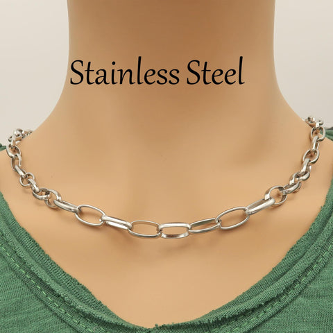 Stainless Steel Necklace Men Women, Big Oval Link Chain Necklace Silver Tone, Thick Drawn Cable Chain Choker Jewelry, Toggle Clasp Necklace