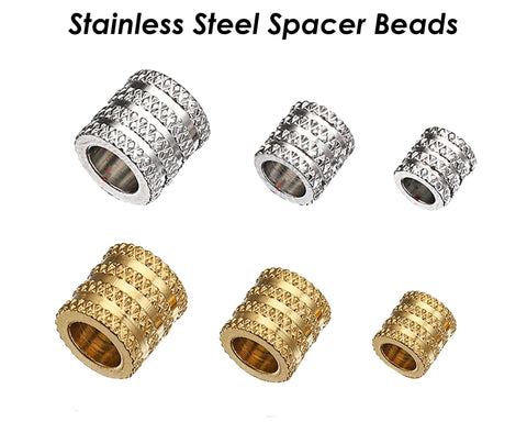 20 x Textured Tube Beads Stainless Steel Spacer Beads Gold Silver, Barrel Beads, Large Hole Column Spacer Beads for Necklace or Bracelets