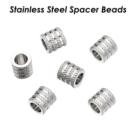 20 x Textured Tube Beads Stainless Steel Spacer Beads Gold Silver, Barrel Beads, Large Hole Column Spacer Beads for Necklace or Bracelets