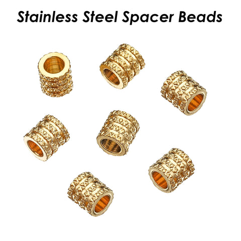 20 x Textured Tube Beads Stainless Steel Spacer Beads Gold Silver, Barrel Beads, Large Hole Column Spacer Beads for Necklace or Bracelets