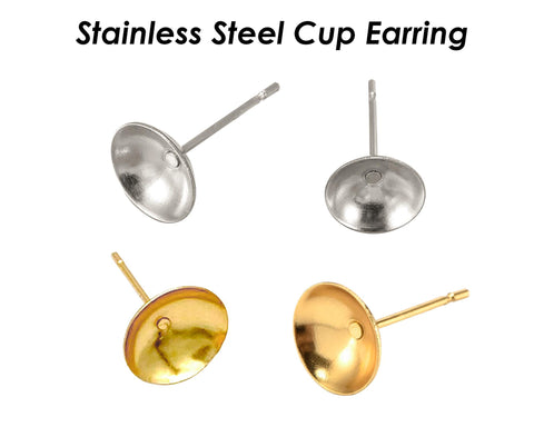 50 x Stainless Steel Earring Post with Bezel Cup, Earring Settings Ear Post Findings for Jewelry Making Fits Crystal, Rhinestone or Pearl