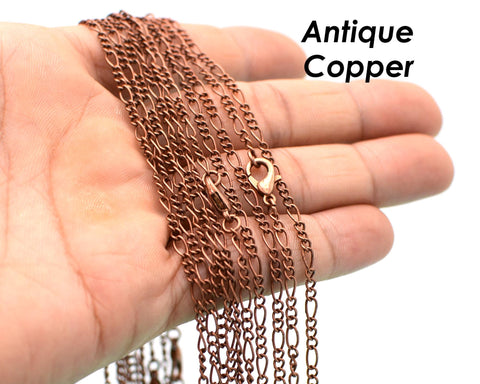 Antique Copper Chain Necklace, Dark Copper Figaro Necklace for Women Men, Closed Link Figaro Chain Necklace for Jewelry Making