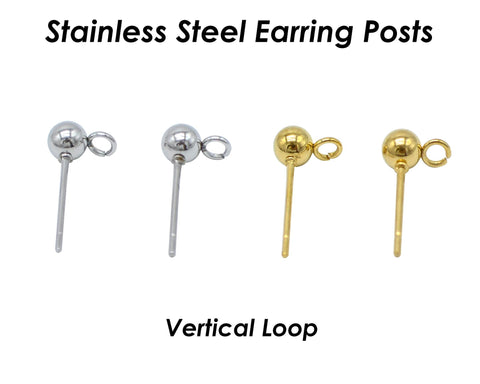 50 x Stainless Steel Post Earrings with Open Loop Vertical Ring, Ball Post Earring Stud Gold Silver, Earring Findings for Jewelry Making