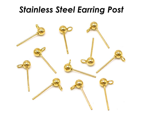 50 x Stainless Steel Post Earrings with Open Loop Vertical Ring, Ball Post Earring Stud Gold Silver, Earring Findings for Jewelry Making